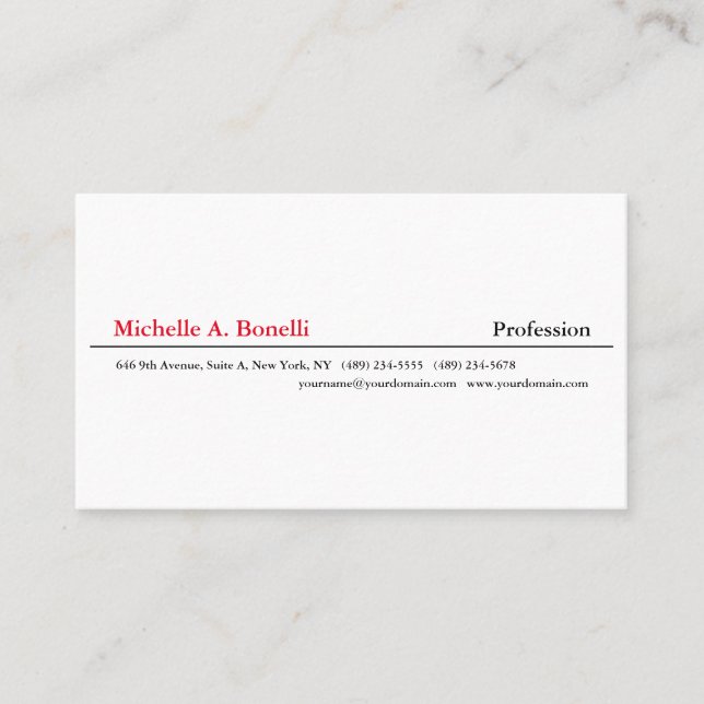 Skinny Plain Black Red White Minimalist Modern Business Card (Front)