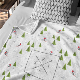Skis and Pine Trees Personalised Fleece Blanket