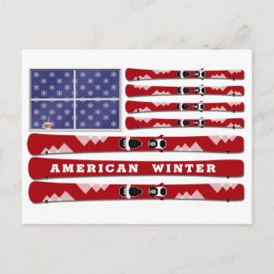 Skis and Snowflakes USA Flag for Winter Postcard