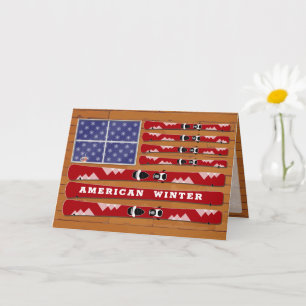 Skis and Snowflakes USA Flag with Wood Wall Card