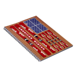 Skis and Snowflakes USA Flag with Wood Wall Notebook
