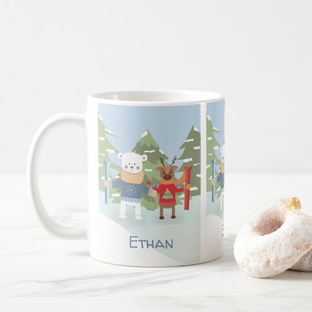 Skis polar bear and reindeer kid personalised mug (With Donut)