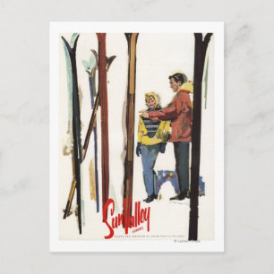 Skis Standing Up in Snow by Couple Poster Postcard