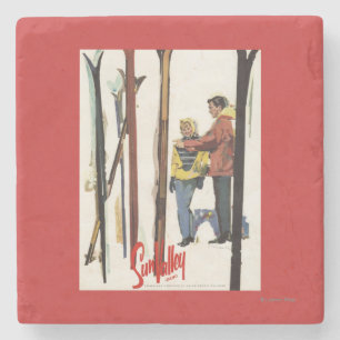 Skis Standing Up in Snow by Couple Poster Stone Coaster