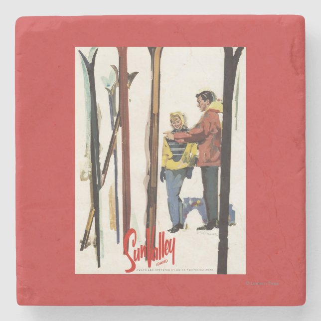 Skis Standing Up in Snow by Couple Poster Stone Coaster (Front)