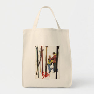 Skis Standing Up in Snow by Couple Poster Tote Bag