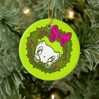 Skribbles the Cat: Christmas Wreath Ceramic Ornament