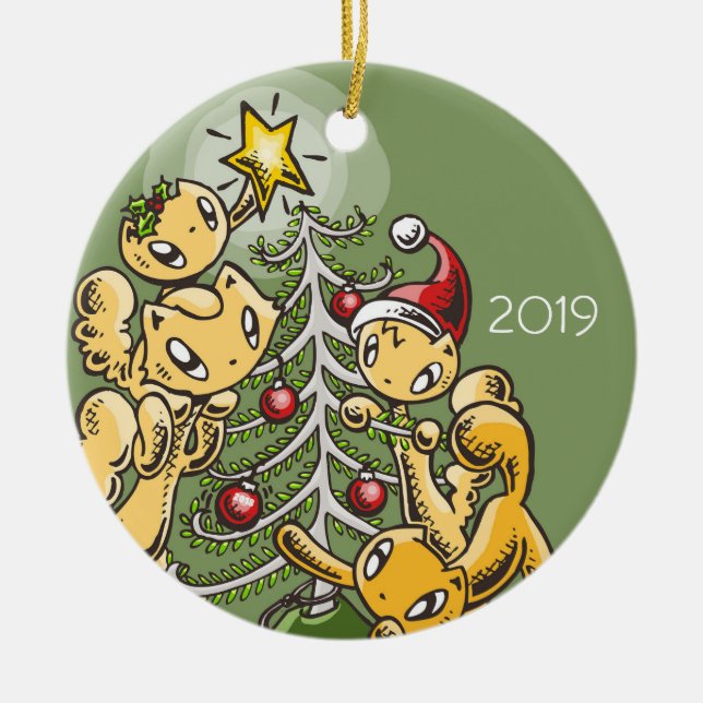 Skribbles the Cat Family: Trim the Tree Ceramic Ornament (Front)
