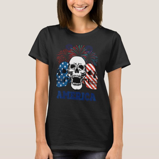 Skull American Flag Firework Independence Day T-Shirt (Front)