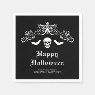 Skull And Bats Gothic Happy Halloween Black Napkin