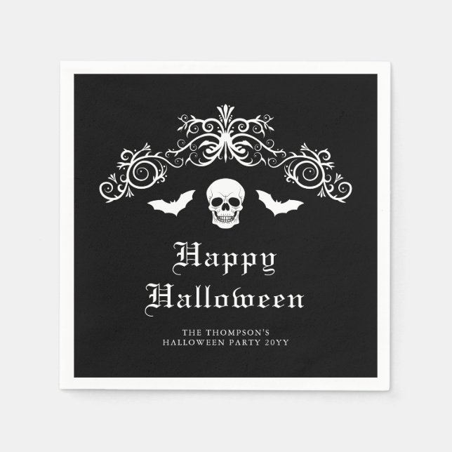 Skull And Bats Gothic Happy Halloween Black Napkin (Front)