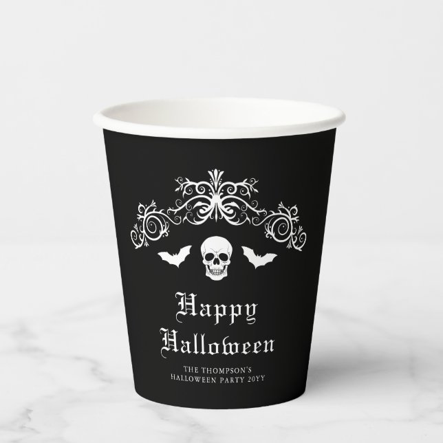 Skull And Bats Gothic Happy Halloween Black Paper Cups (Front)