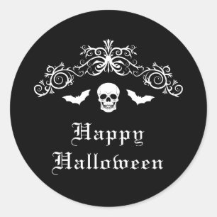 Skull And Bats Happy Halloween Black And White Classic Round Sticker