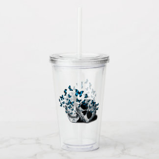 Skull and Blue Butterflies Acrylic Tumbler