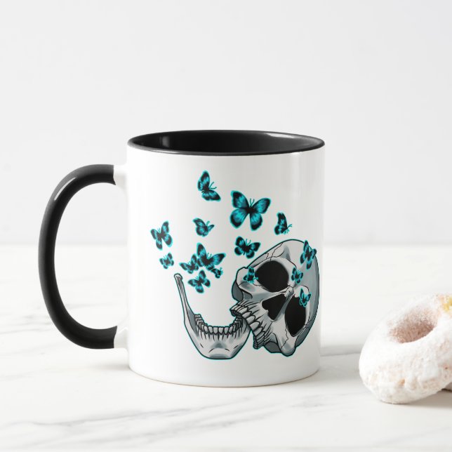 Skull and Blue Butterflies Mug (With Donut)