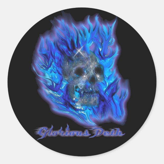 Skull and Blue Flames Spooky Art Stickers (Front)