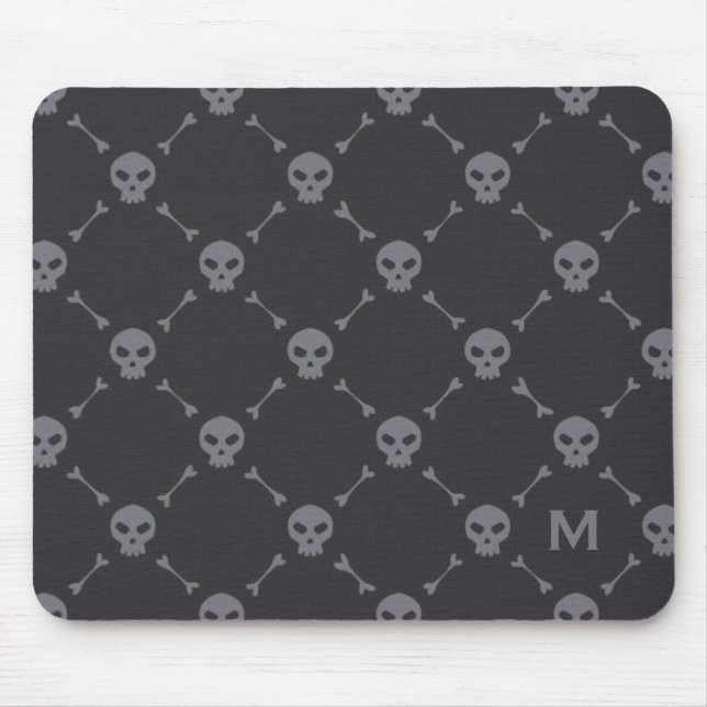 Skull and Bones Check Pattern Grey Monogram Mouse Pad (Front)