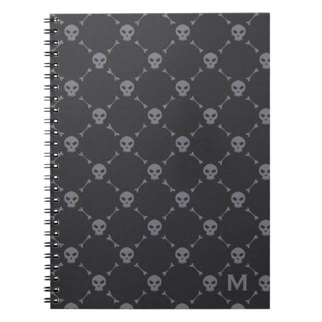 Skull and Bones Check Pattern Grey Monogram Notebook (Front)