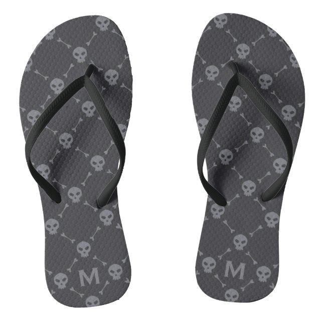 Skull and Bones Check Pattern Grey Monogram Thongs (Footbed)