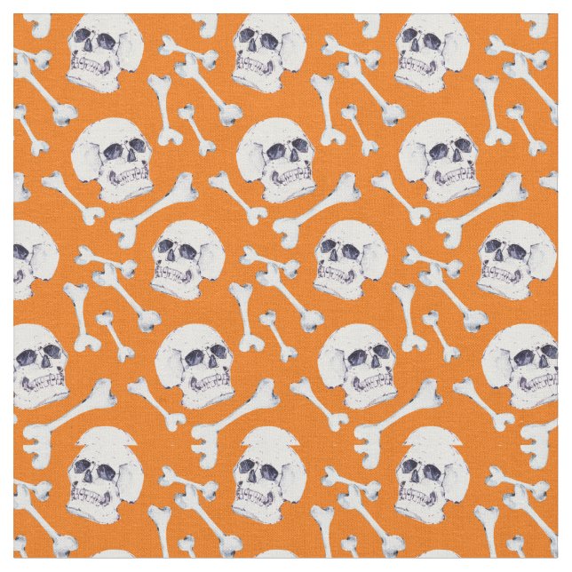 Skull and Bones Pumpkin Orange Fabric (Close Up)