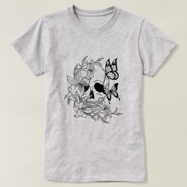 Skull and Butterfly Design with Floral Elements T-Shirt (Design Front)