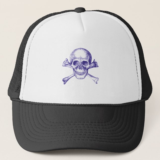 Skull and Cross Bones in Blue Trucker Hat (Front)
