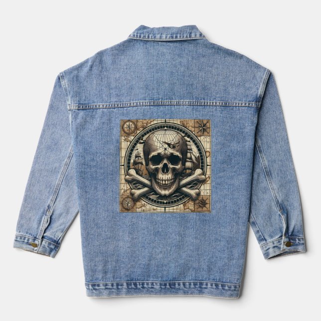 Skull And Cross Bones Sailing Ship 1 Denim Jacket (Back)