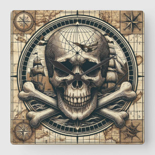 Skull And Cross Bones Sailing Ship 1 Square Wall Clock