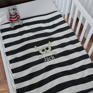 Skull and Crossbones Black White Stripes Kids Fleece Blanket