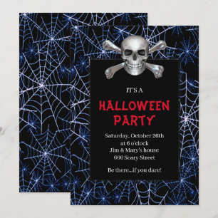 Skull And Crossbones Blue Cobweb Halloween Party Invitation