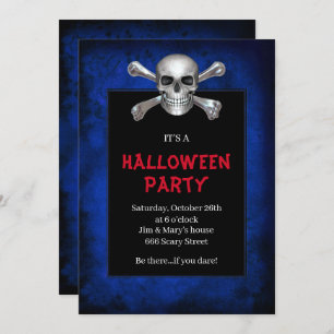 Skull And Crossbones Blue Grunge Halloween Party Invitation