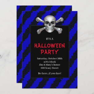 Skull And Crossbones Blue Stripe Halloween Party Invitation