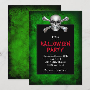 Skull And Crossbones Green Grunge Halloween Party Invitation