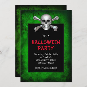 Skull And Crossbones Green Grunge Halloween Party Invitation