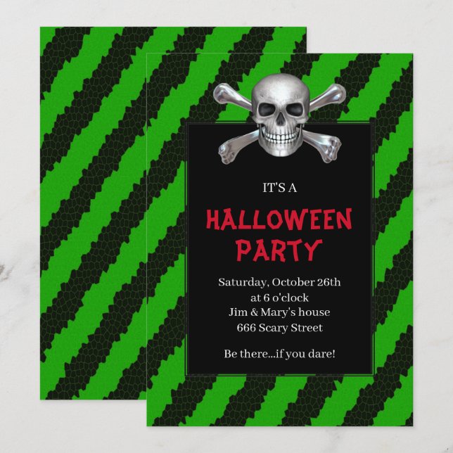 Skull And Crossbones Green Stripe Halloween Party Invitation (Front/Back)