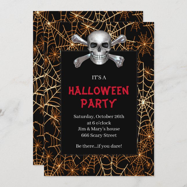 Skull And Crossbones Orange Cobweb Halloween Party Invitation (Front/Back)