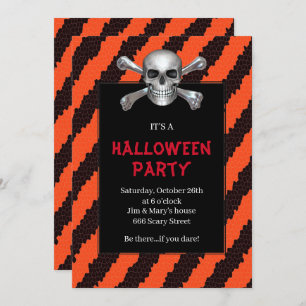 Skull And Crossbones Orange Stripe Halloween Party Invitation