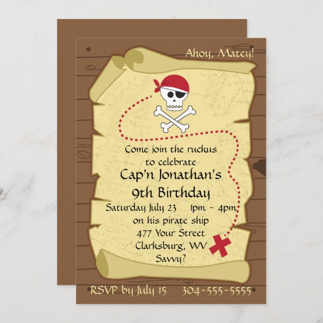 Skull and Crossbones Pirate Treasure Map Birthday Invitation (Front/Back)