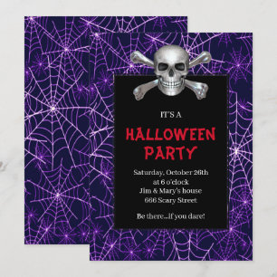 Skull And Crossbones Purple Cobweb Halloween Party Invitation