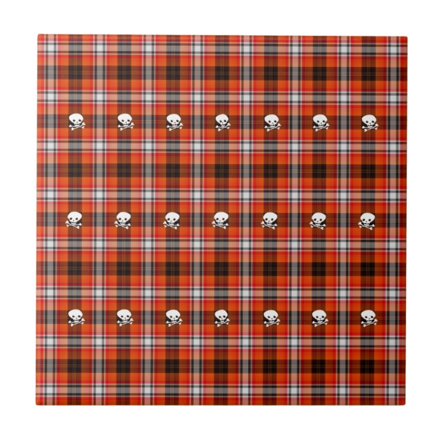 Skull and Crossbones Red and Black Plaid Ceramic Tile (Front)