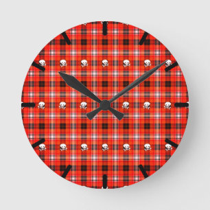 Skull and Crossbones Red and Black Plaid Round Clock