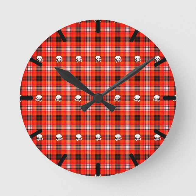 Skull and Crossbones Red and Black Plaid Round Clock (Front)