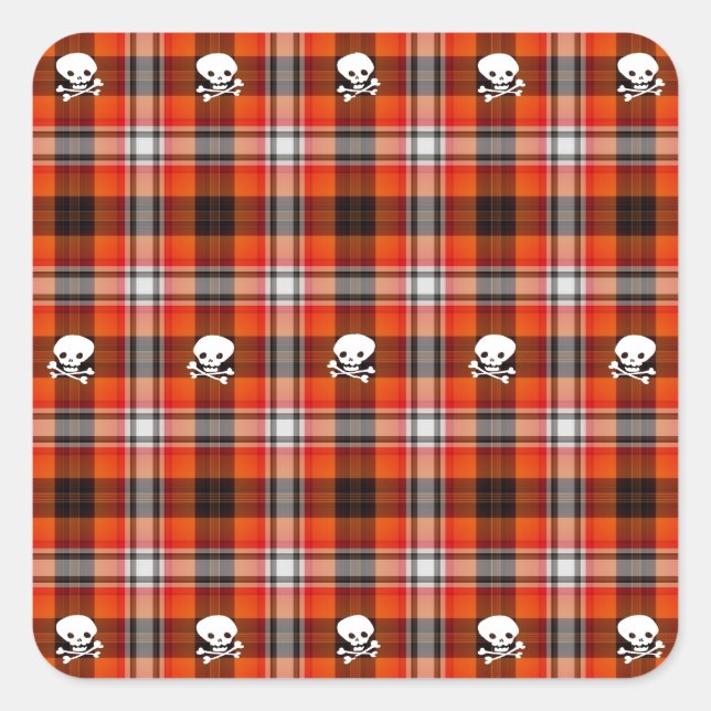 Skull and Crossbones Red and Black Plaid Square Sticker (Front)