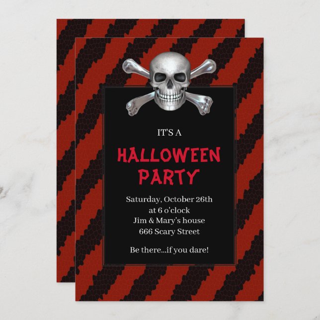 Skull And Crossbones Red Stripe Halloween Party Invitation (Front/Back)