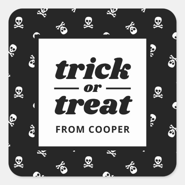 Skull and Crossbones Trick or Treat Party Favour Square Sticker (Front)