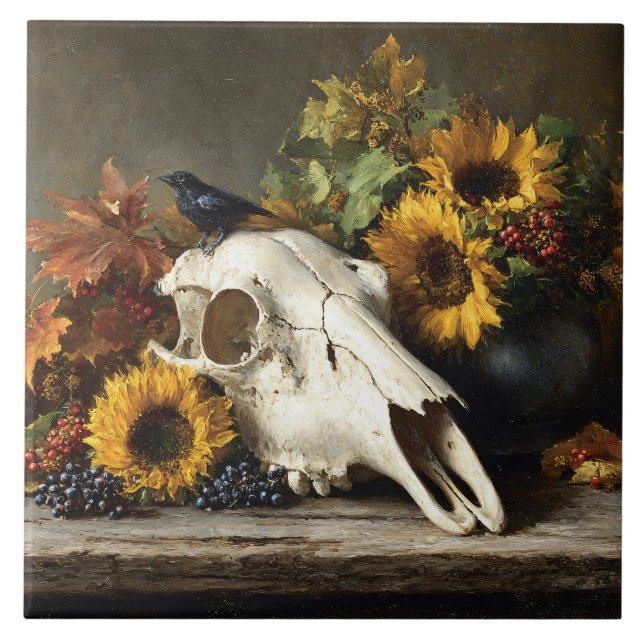 Skull and Crow Autumn Still Life Ceramic Tile (Front)