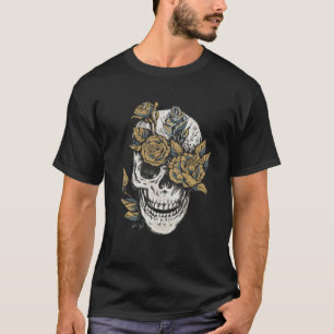 Skull And Flower Rose Hand Drawn T-Shirt