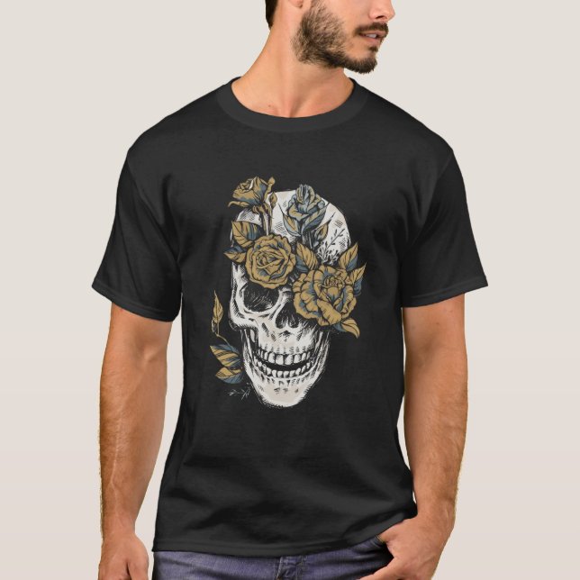 Skull And Flower Rose Hand Drawn T-Shirt (Front)