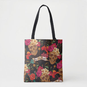 Skull and Flowers Day of The Dead Seamless Backgro Tote Bag