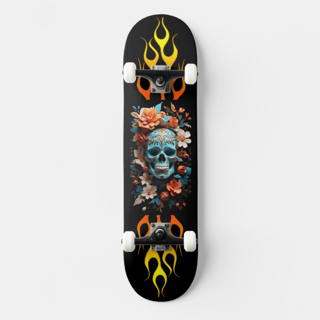 Skull and Flowers, Fire, Speed, Skateboard (Front)
